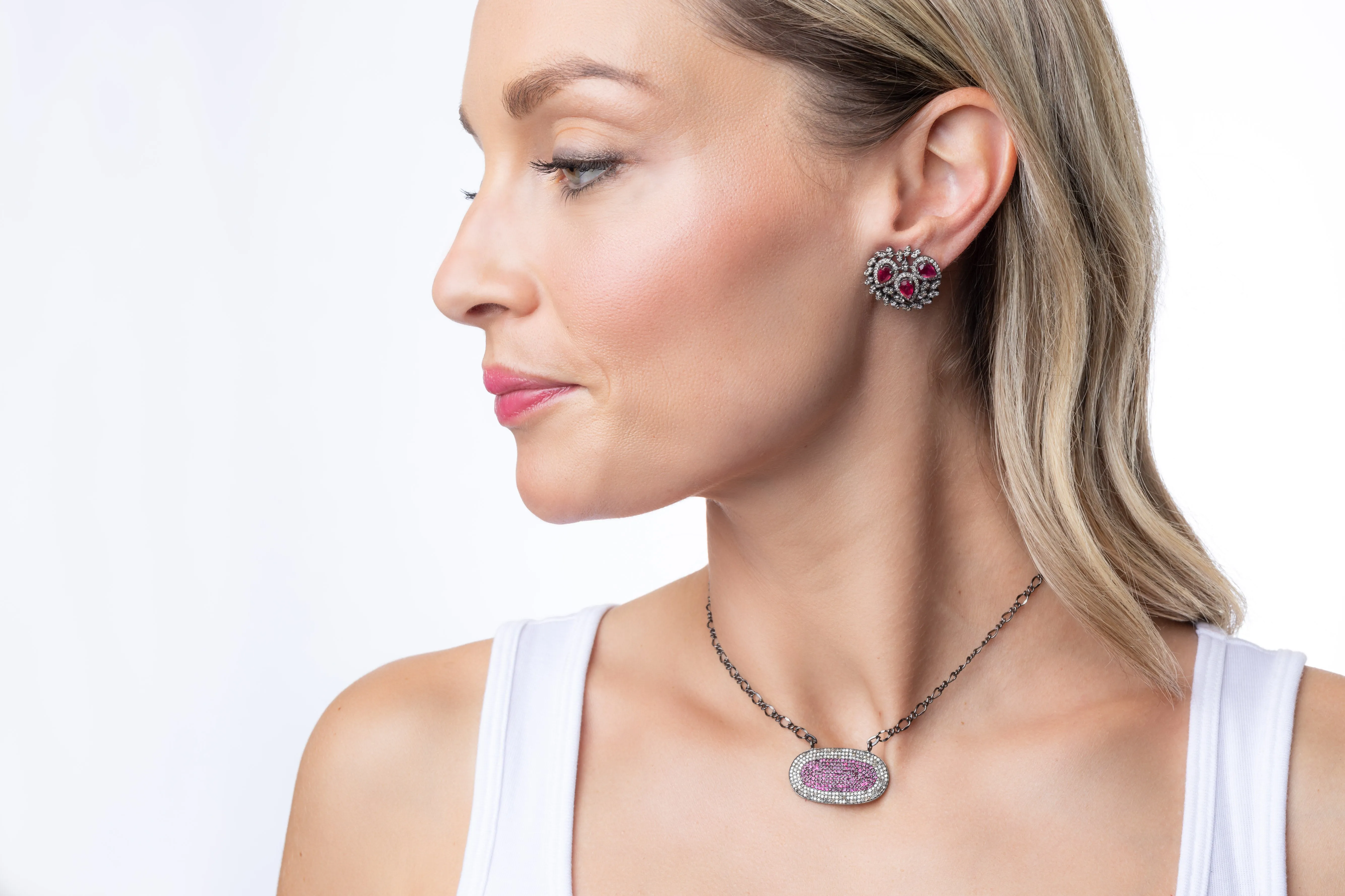 Pave Diamond, Ruby Stud Earrings