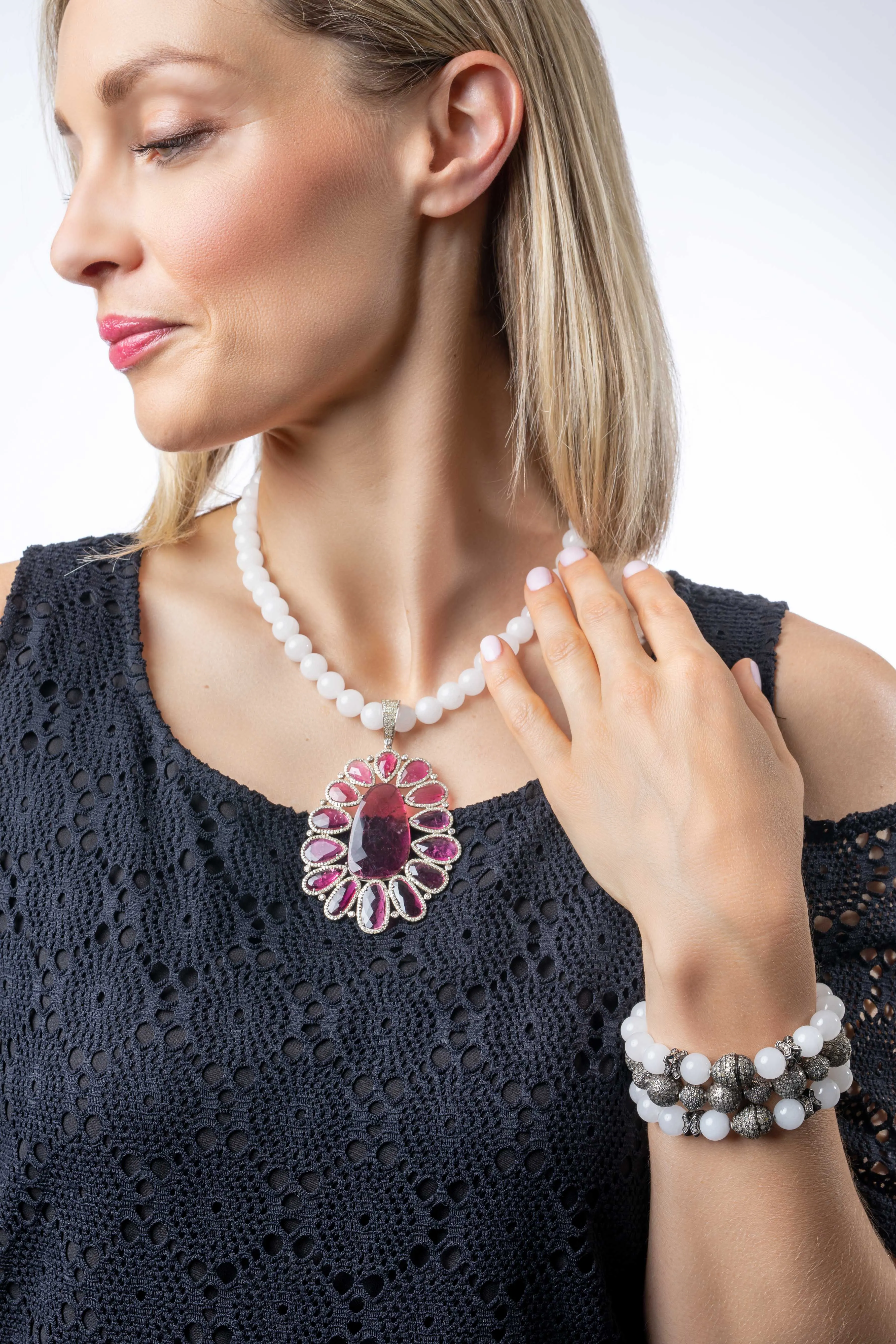 Pave Diamond, Tourmaline, Cloud Quartz Necklace
