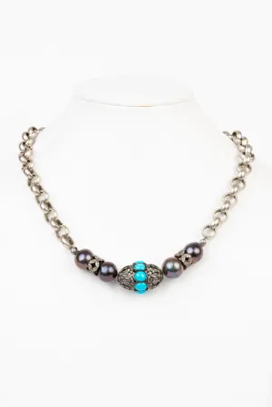 Pave Diamond, Turquoise , Pearl Necklace