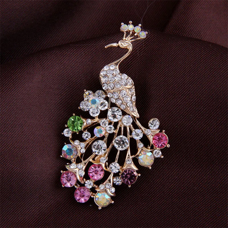 Peacock Brooch with Colorful Crystals