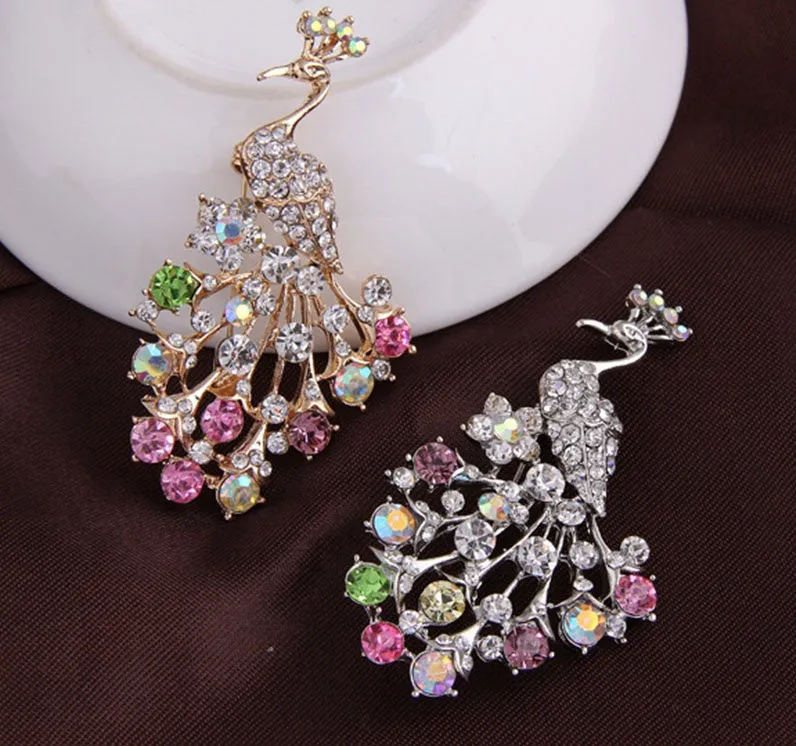 Peacock Brooch with Colorful Crystals