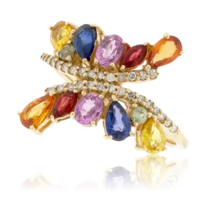 Pear Rainbow Sapphire & Diamond Butterflly Wing Style Ring