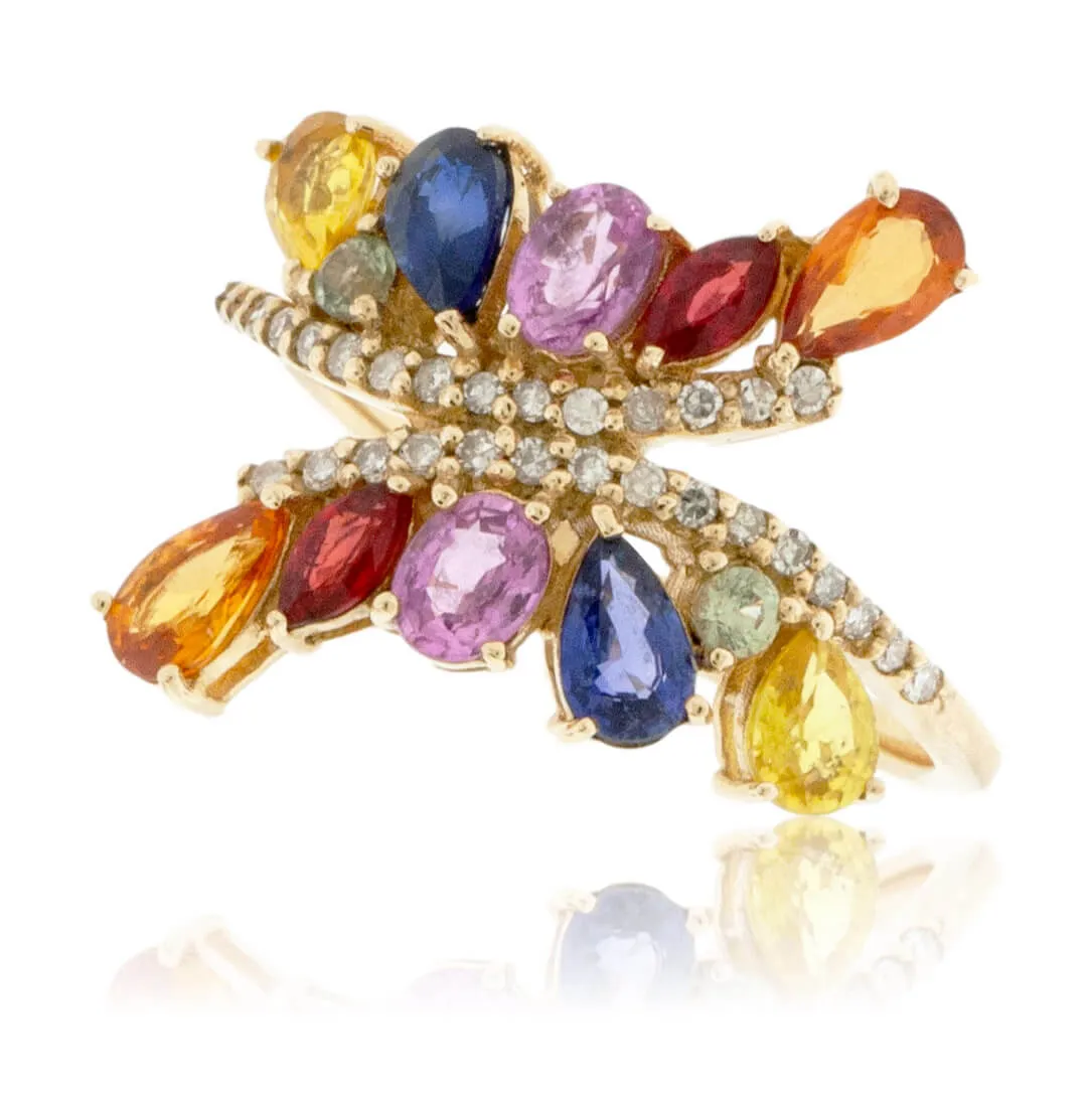 Pear Rainbow Sapphire & Diamond Butterflly Wing Style Ring