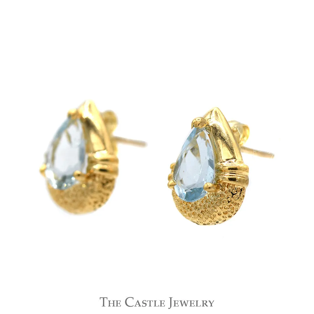 Pear Shaped Blue Topaz Stud Earrings with Tear Drop Shape in 10k Yellow Gold