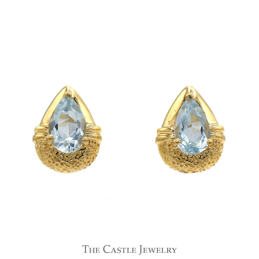 Pear Shaped Blue Topaz Stud Earrings with Tear Drop Shape in 10k Yellow Gold