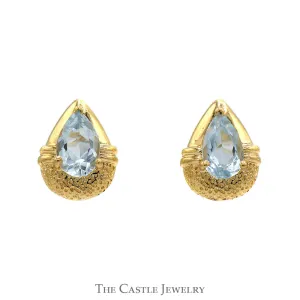 Pear Shaped Blue Topaz Stud Earrings with Tear Drop Shape in 10k Yellow Gold