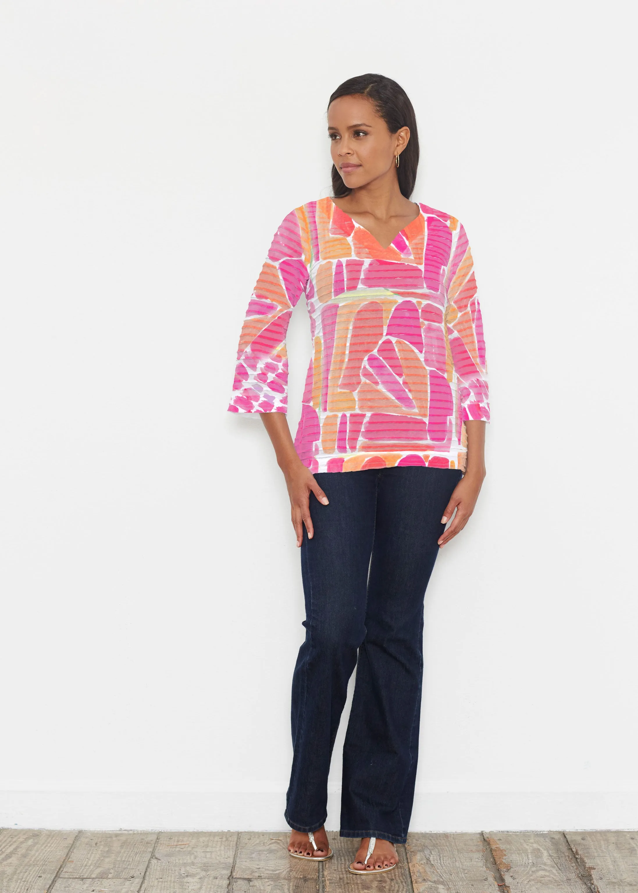 Pebble Walk Orange (17261) ~ Banded 3/4 Bell-Sleeve V-Neck Tunic