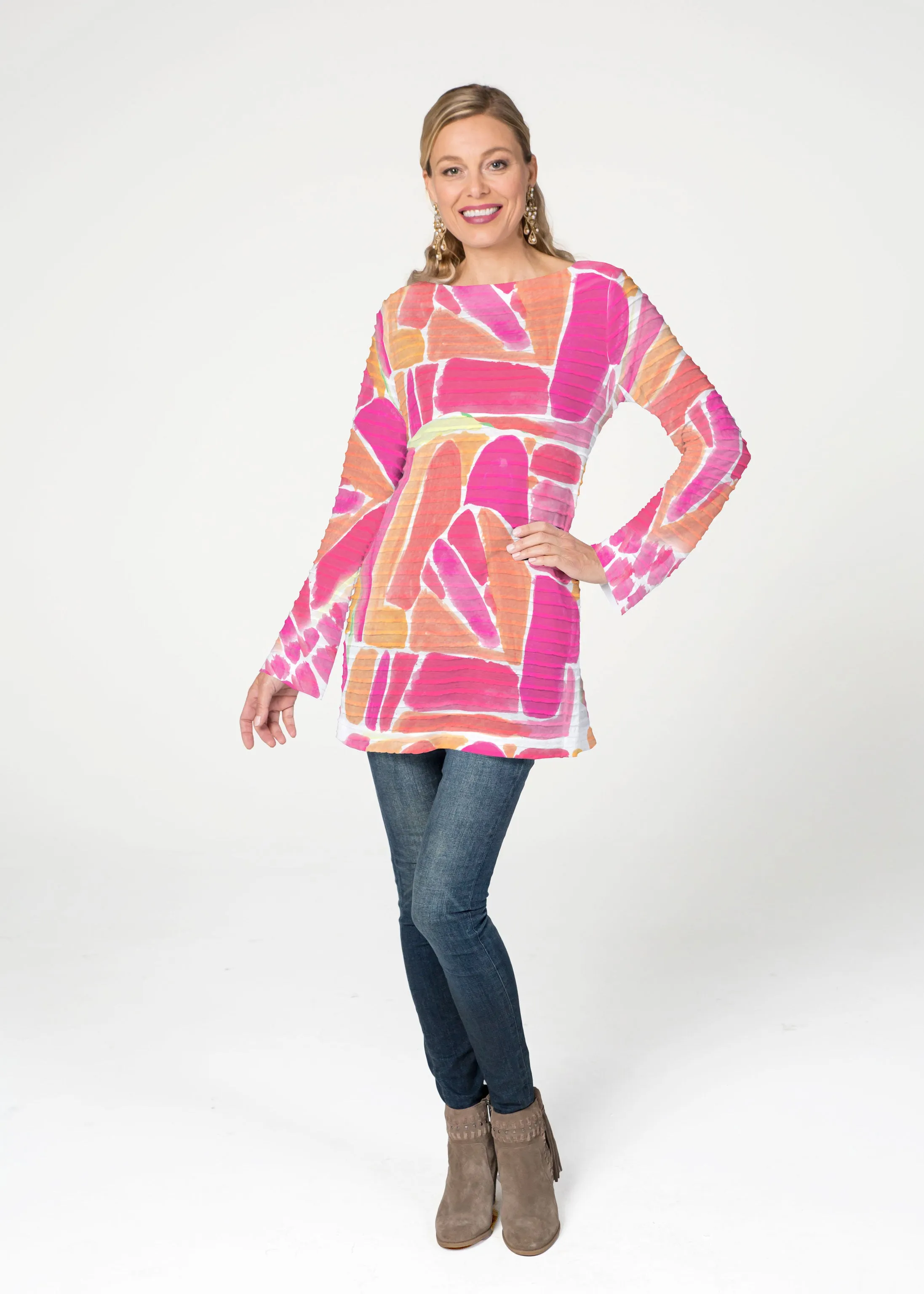 Pebble Walk Orange (17261) ~ Banded Boatneck Tunic