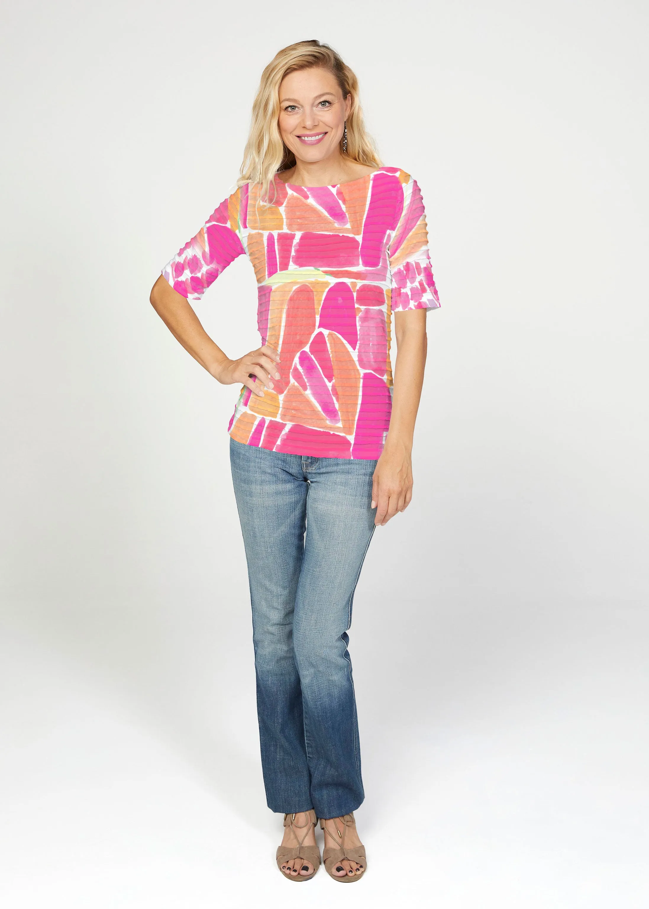 Pebble Walk Orange (17261) ~ Banded Elbow Sleeve Boat Neck Top
