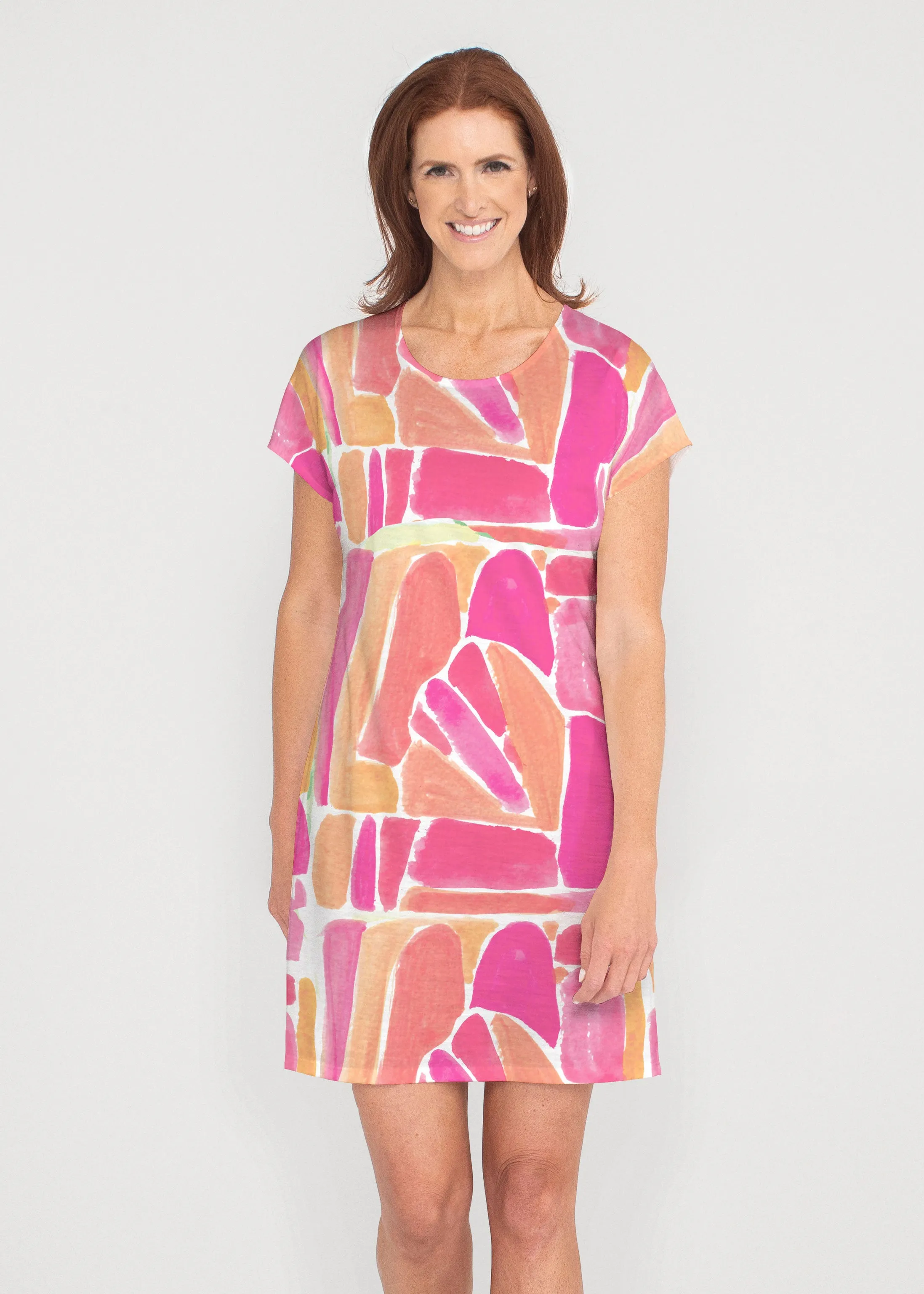 Pebble Walk Orange (17261) ~ French Terry Short Sleeve Crew Dress