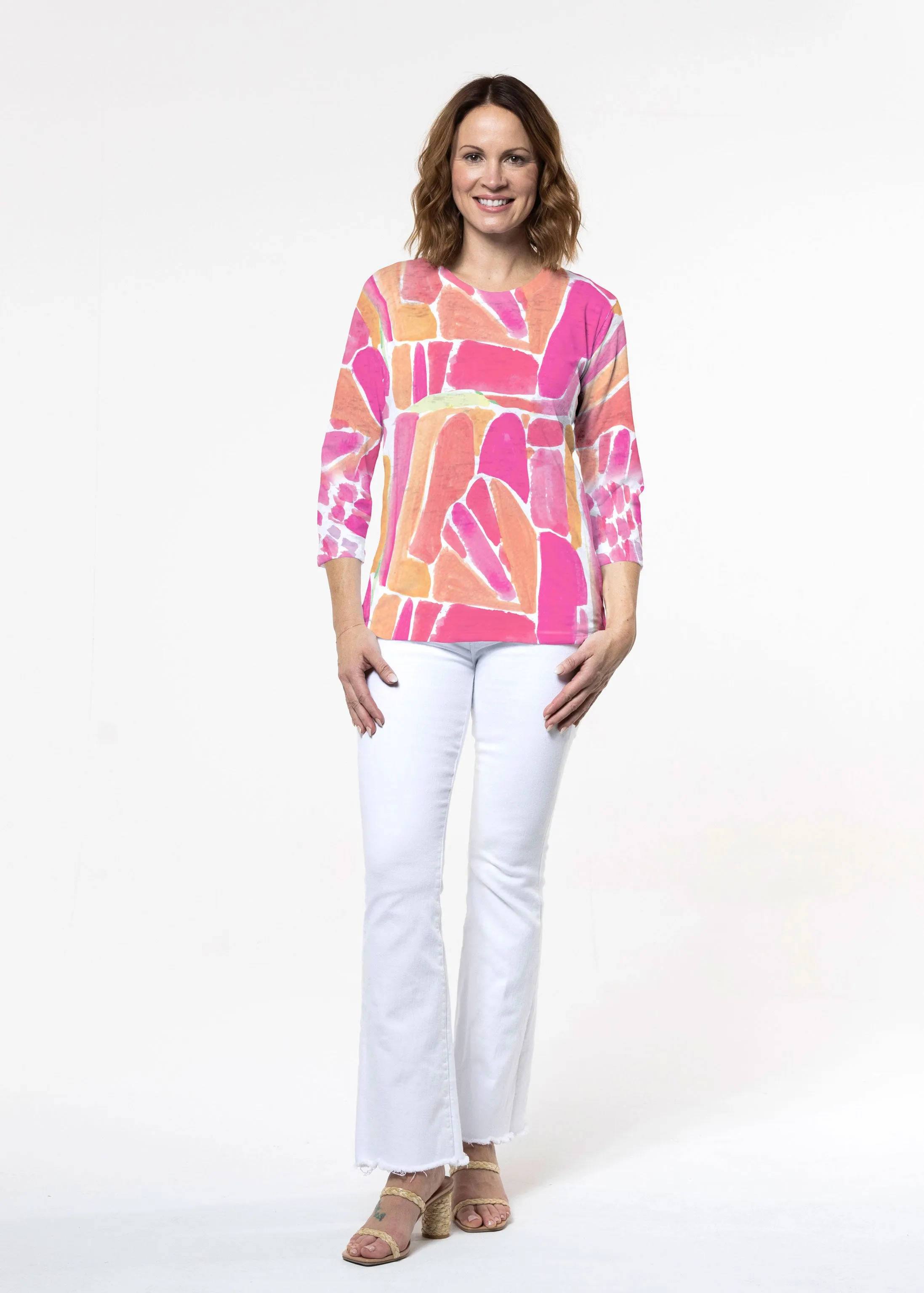Pebble Walk Orange (17261) ~ Signature 3/4 Sleeve Crew Neck Top
