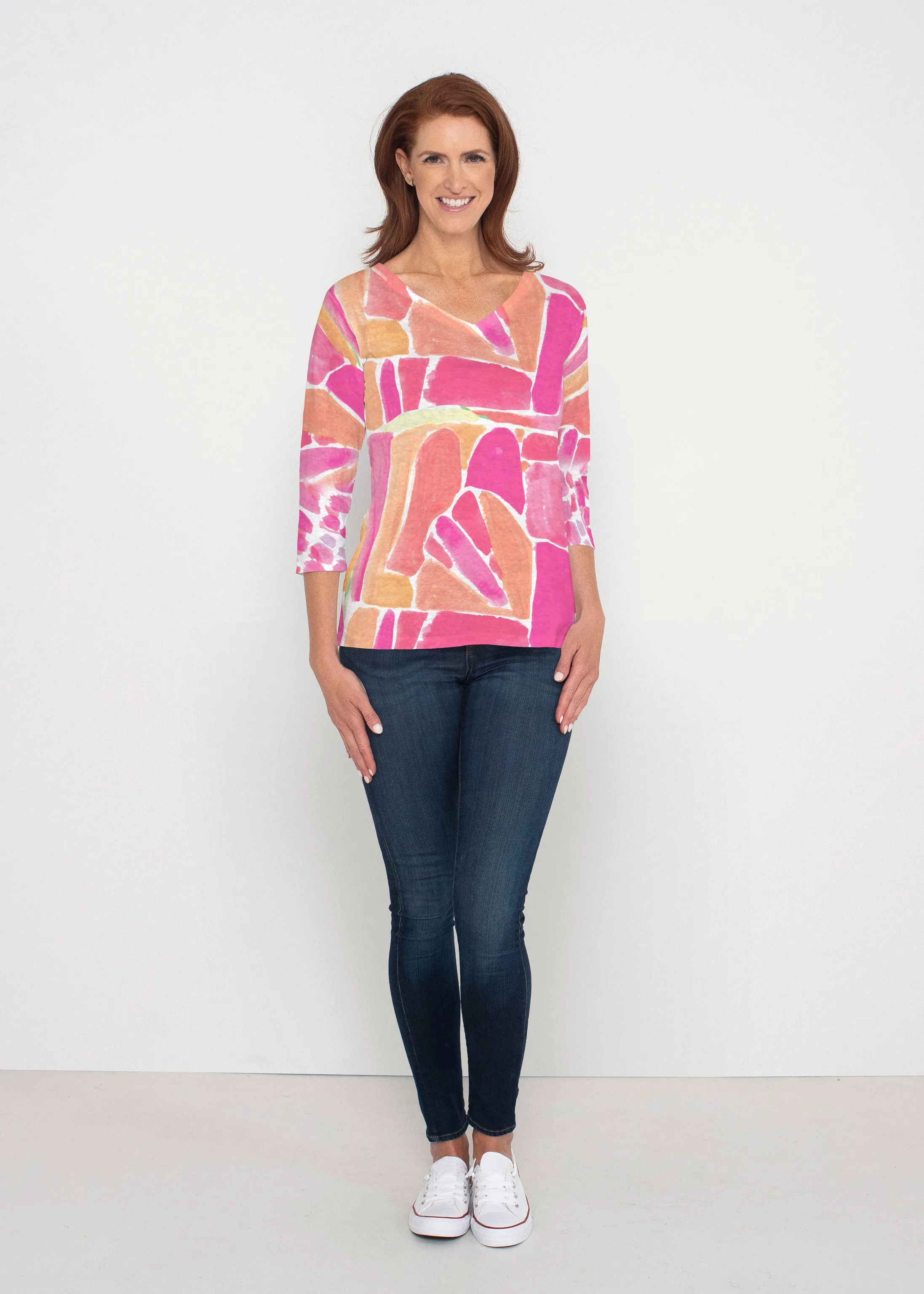Pebble Walk Orange (17261) ~ Signature 3/4 Sleeve V-Neck Top