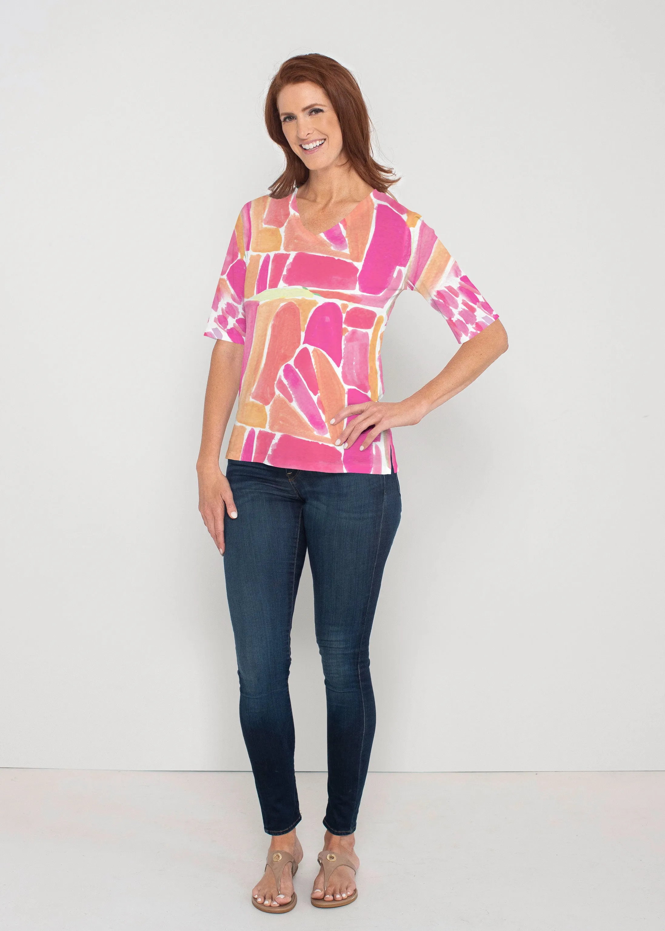 Pebble Walk Orange (17261) ~ Signature Elbow Sleeve V-Neck Top