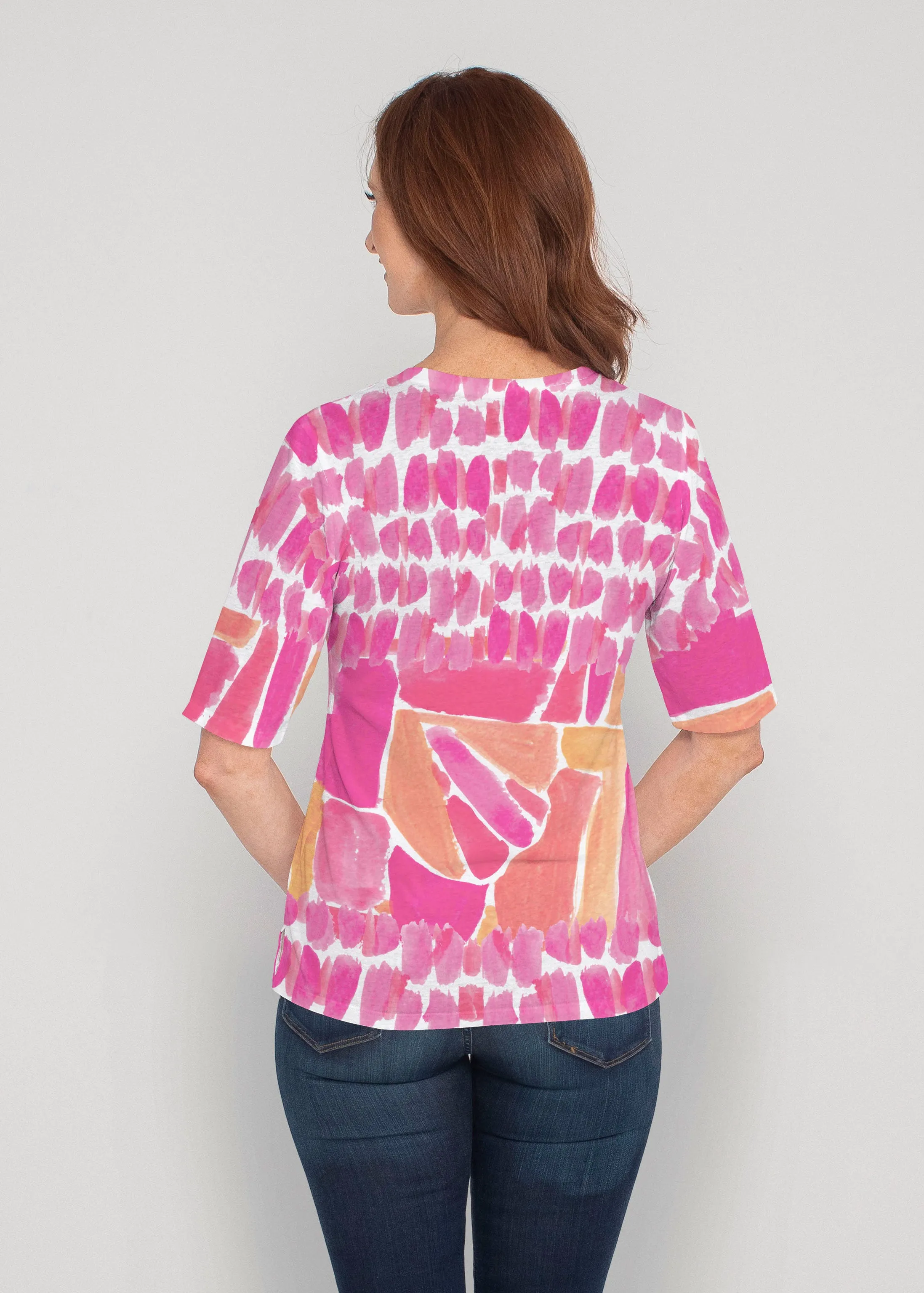 Pebble Walk Orange (17261) ~ Signature Elbow Sleeve V-Neck Top