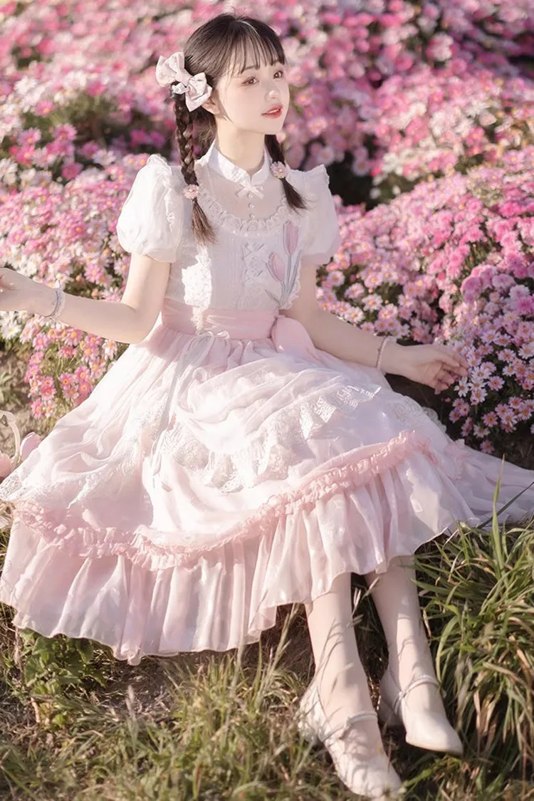 Pink Chinese Style Short Sleeves Princess Ruffle Sweet Lolita Dress