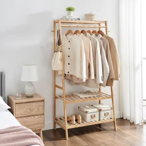 Premium Quality Heavy Duty Eco 100% Bamboo Wood |  Freestanding Clothes Rack with 3 Shelves & Side Hooks  | Natural | 1.64m High