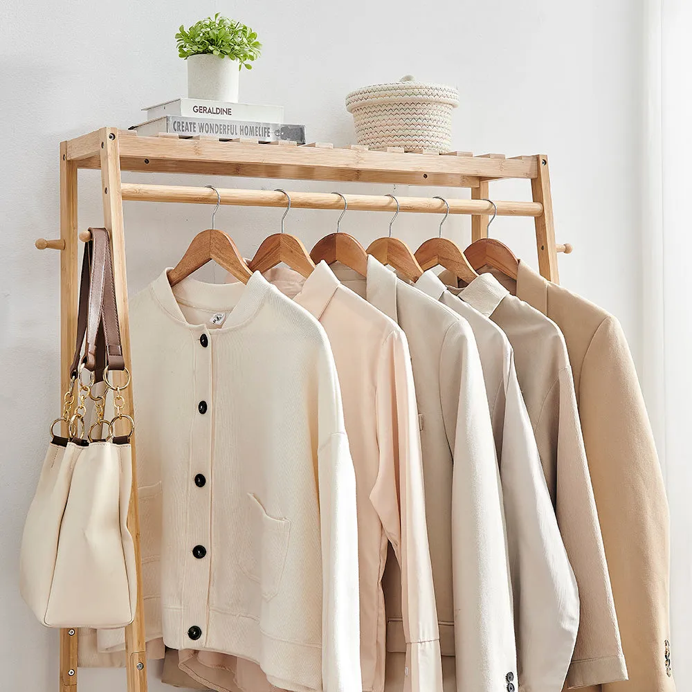Premium Quality Heavy Duty Eco 100% Bamboo Wood |  Freestanding Clothes Rack with 3 Shelves & Side Hooks  | Natural | 1.64m High