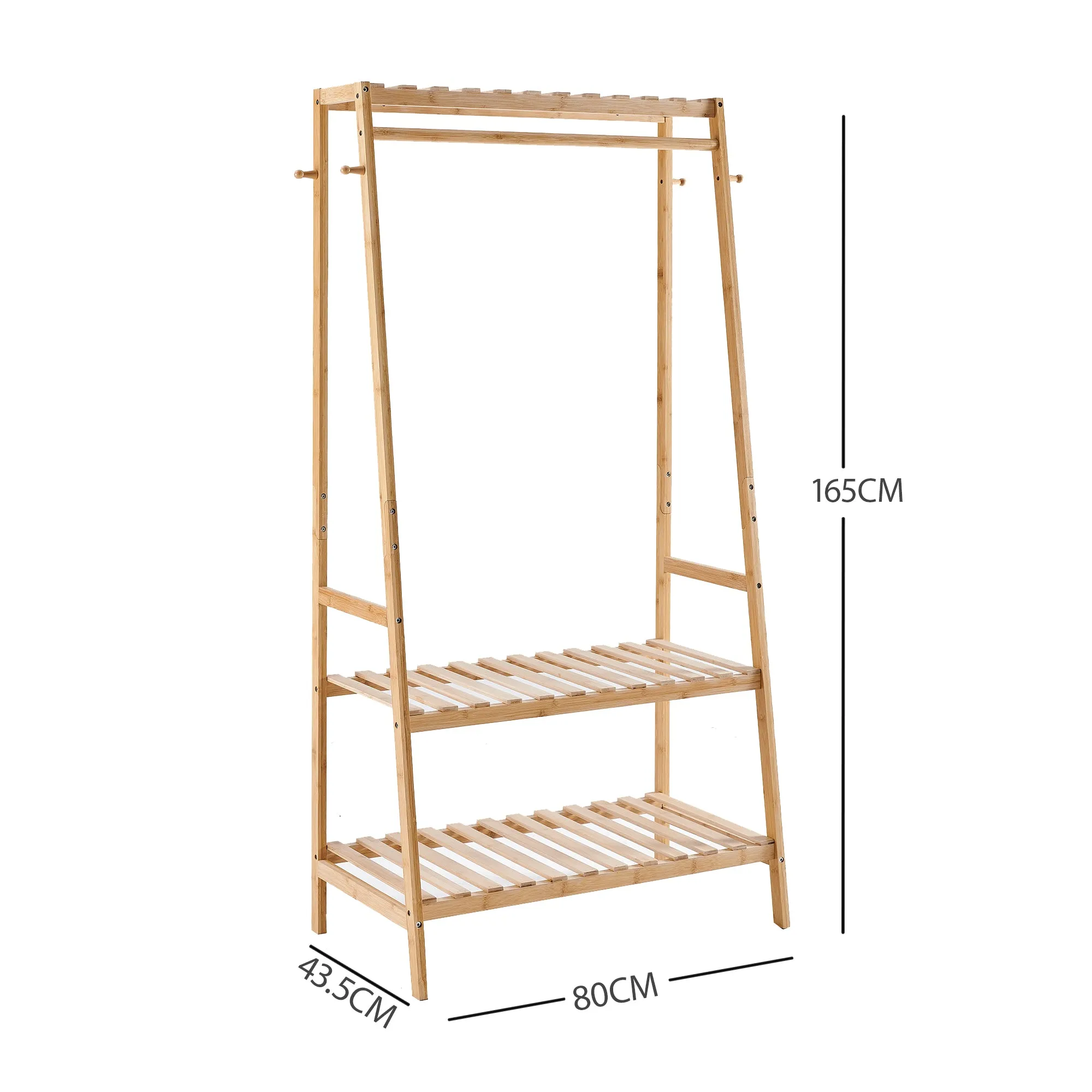 Premium Quality Heavy Duty Eco 100% Bamboo Wood |  Freestanding Clothes Rack with 3 Shelves & Side Hooks  | Natural | 1.64m High