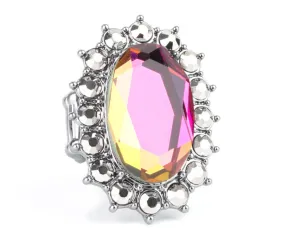 "Bling of All Bling" Silver Metal Hematite & Oil Spill Iridescent Gem Elastic Ring