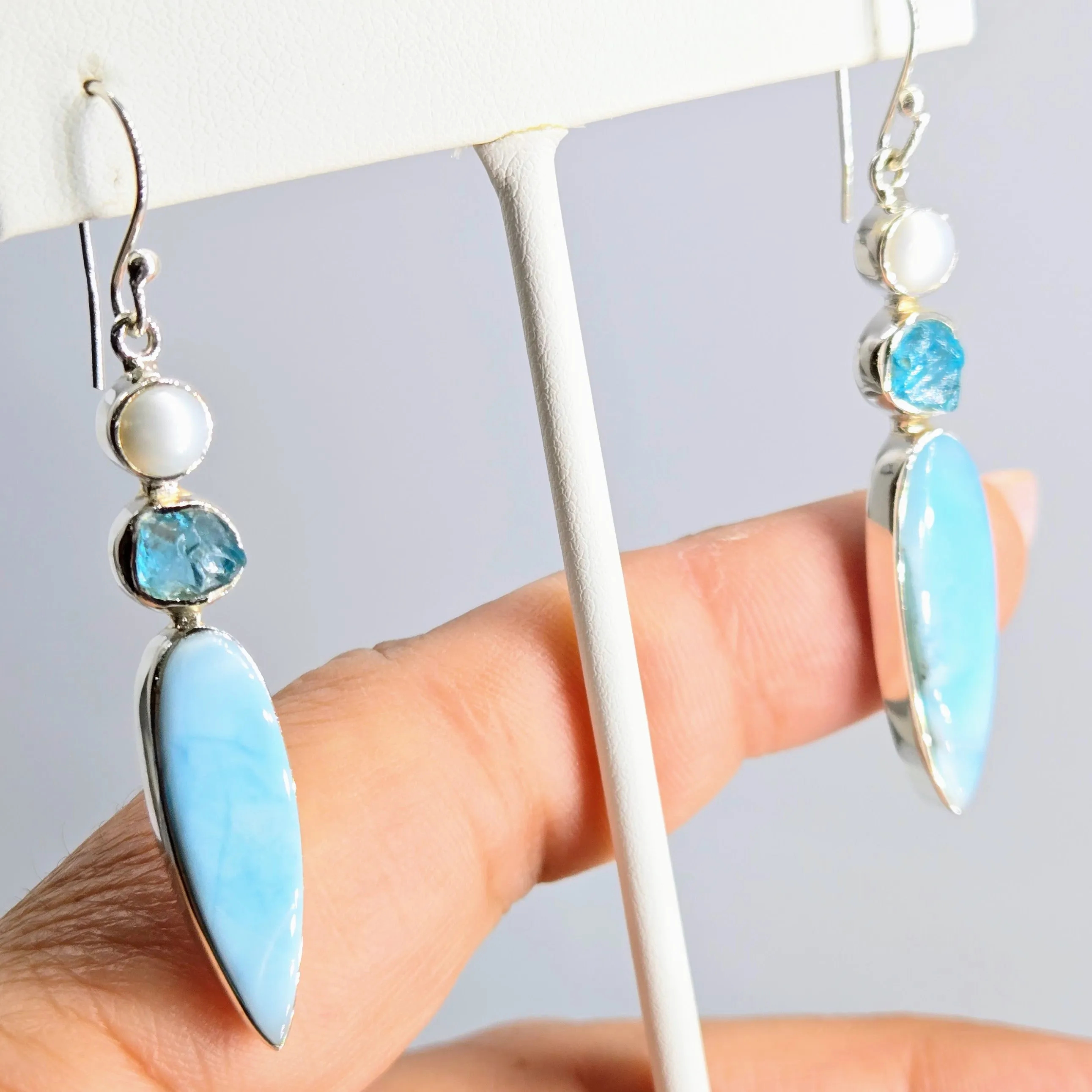 "Lovely Lures" 2.25" Earrings - Larimar, Apatite, Pearl, Sterling