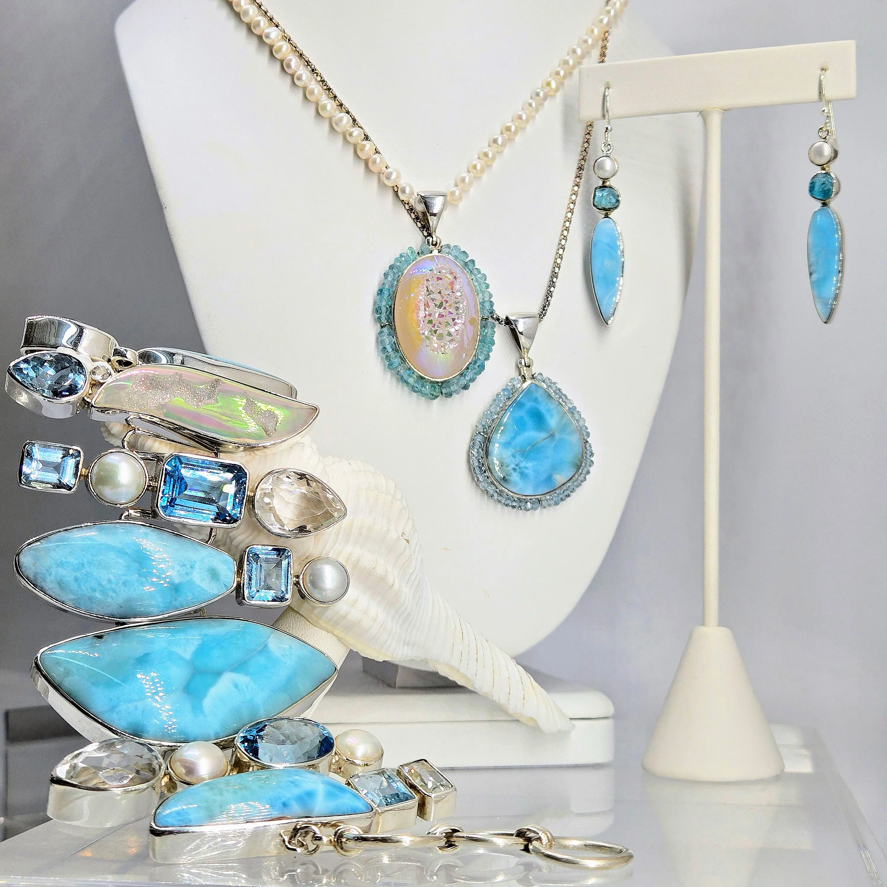 "Lovely Lures" 2.25" Earrings - Larimar, Apatite, Pearl, Sterling