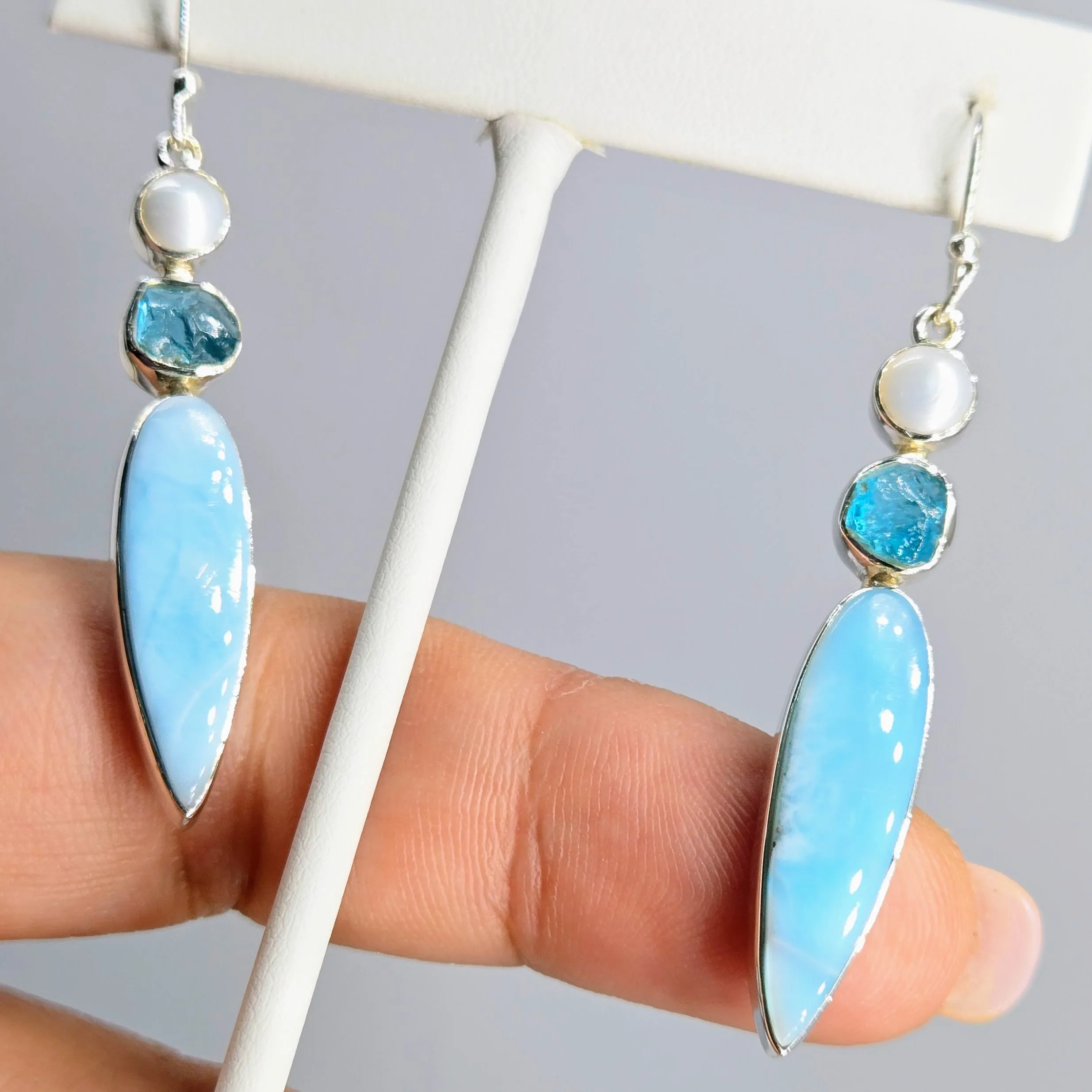"Lovely Lures" 2.25" Earrings - Larimar, Apatite, Pearl, Sterling