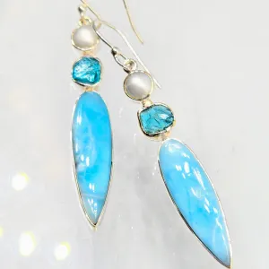 "Lovely Lures" 2.25" Earrings - Larimar, Apatite, Pearl, Sterling