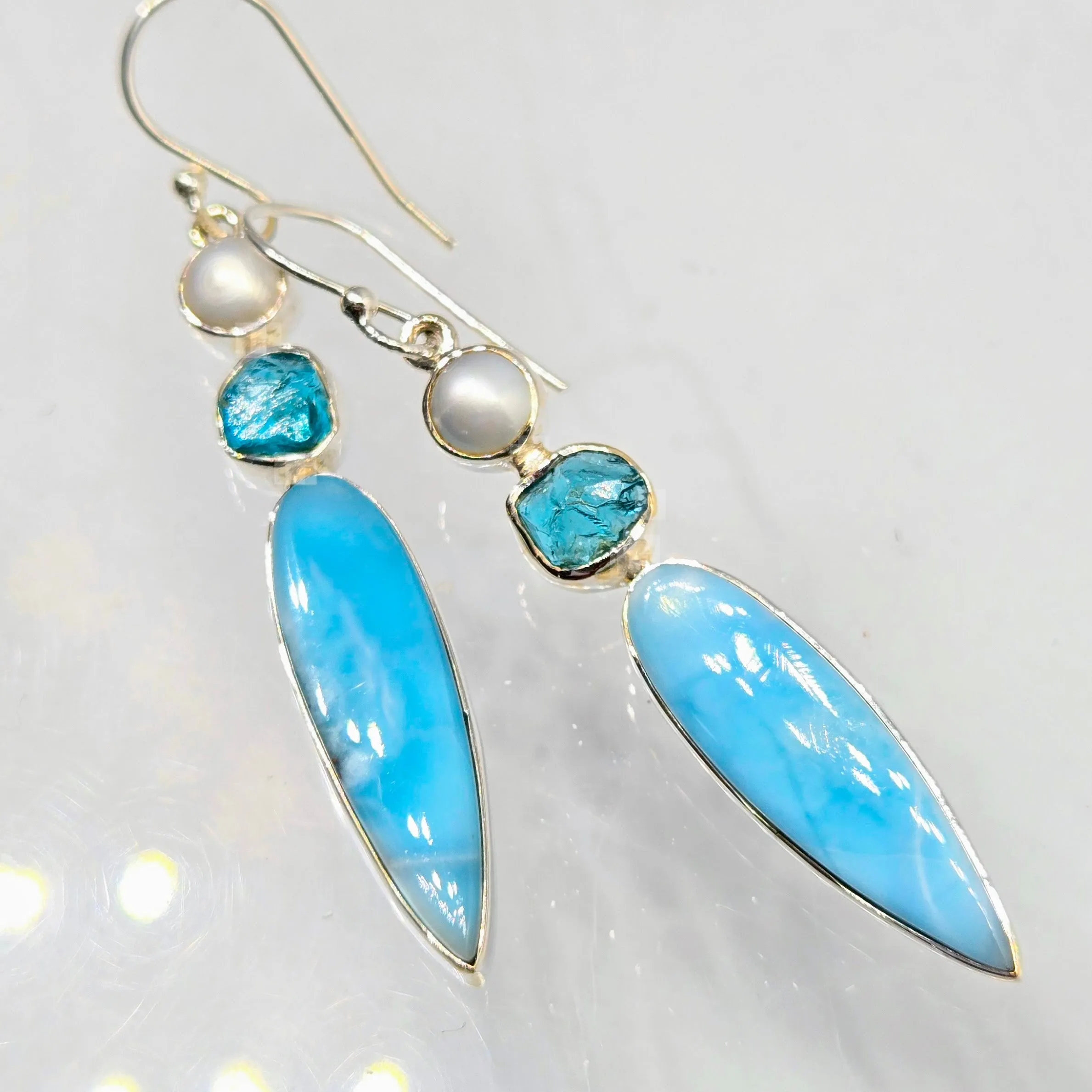 "Lovely Lures" 2.25" Earrings - Larimar, Apatite, Pearl, Sterling