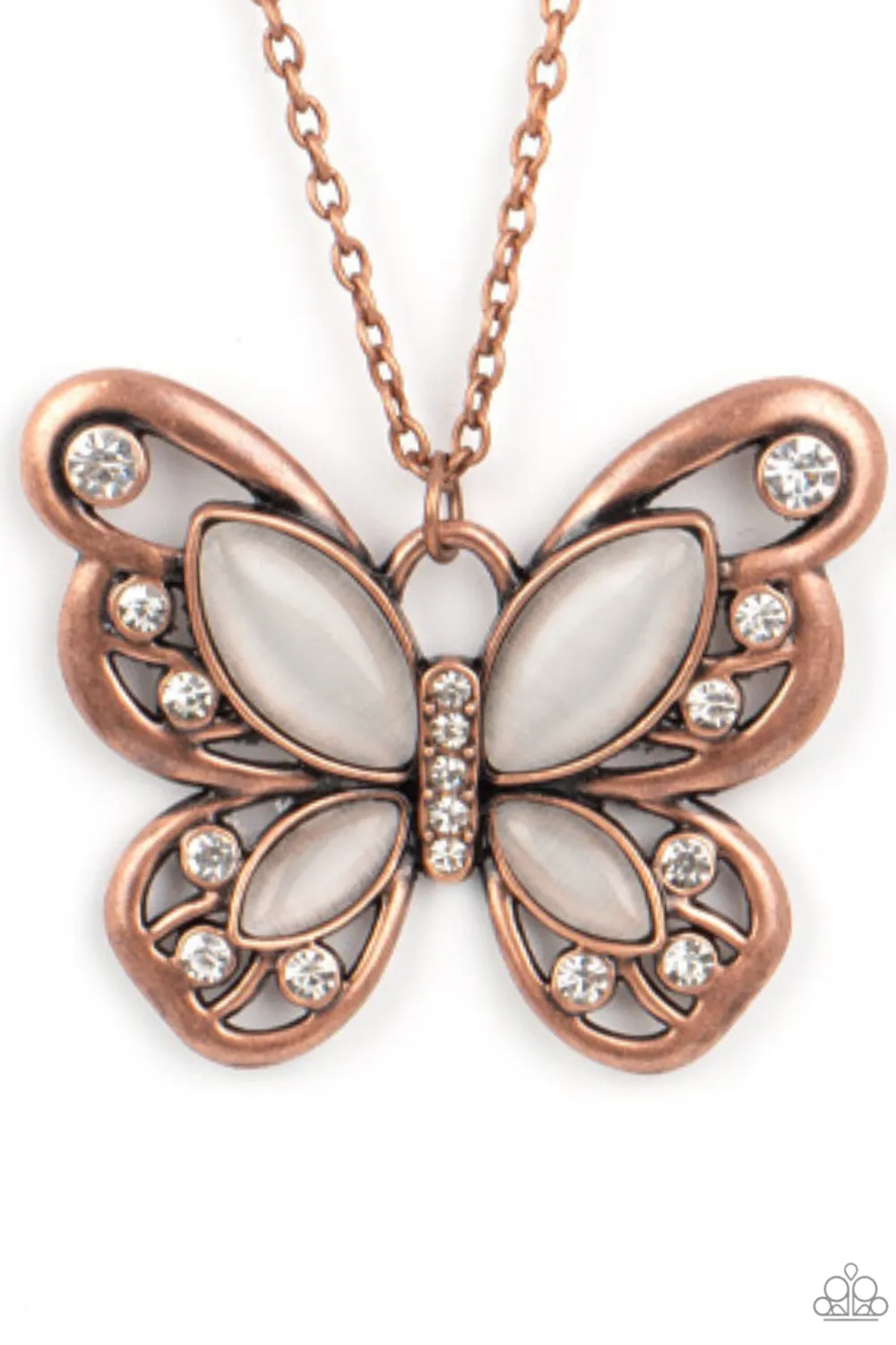 "Whimsy Wings" Copper Metal & White Cats Eye Filigree Butterfly Necklace Set