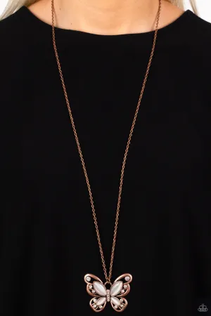 "Whimsy Wings" Copper Metal & White Cats Eye Filigree Butterfly Necklace Set