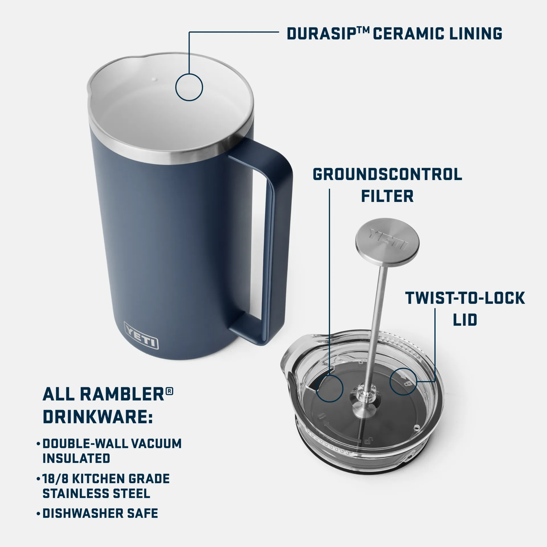 Rambler 64oz French Press With Twist-To-Lock French Press Lid