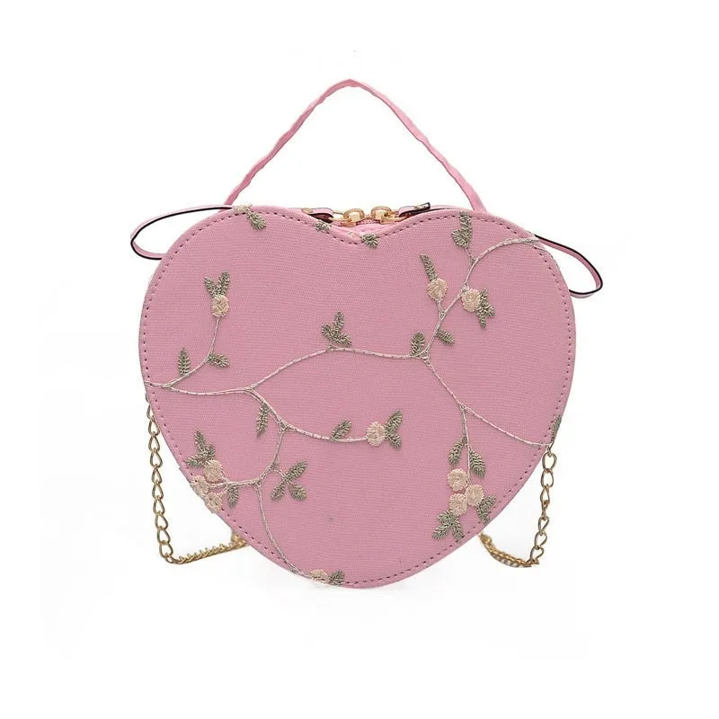 Realaiot Female Sweet Lace Heart Round Handbags High Quality PU Leather Cross Body Bags for Women Small Fresh Flower Chain Shoulder Bags