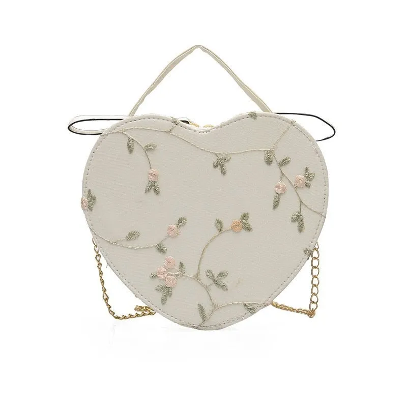 Realaiot Female Sweet Lace Heart Round Handbags High Quality PU Leather Cross Body Bags for Women Small Fresh Flower Chain Shoulder Bags