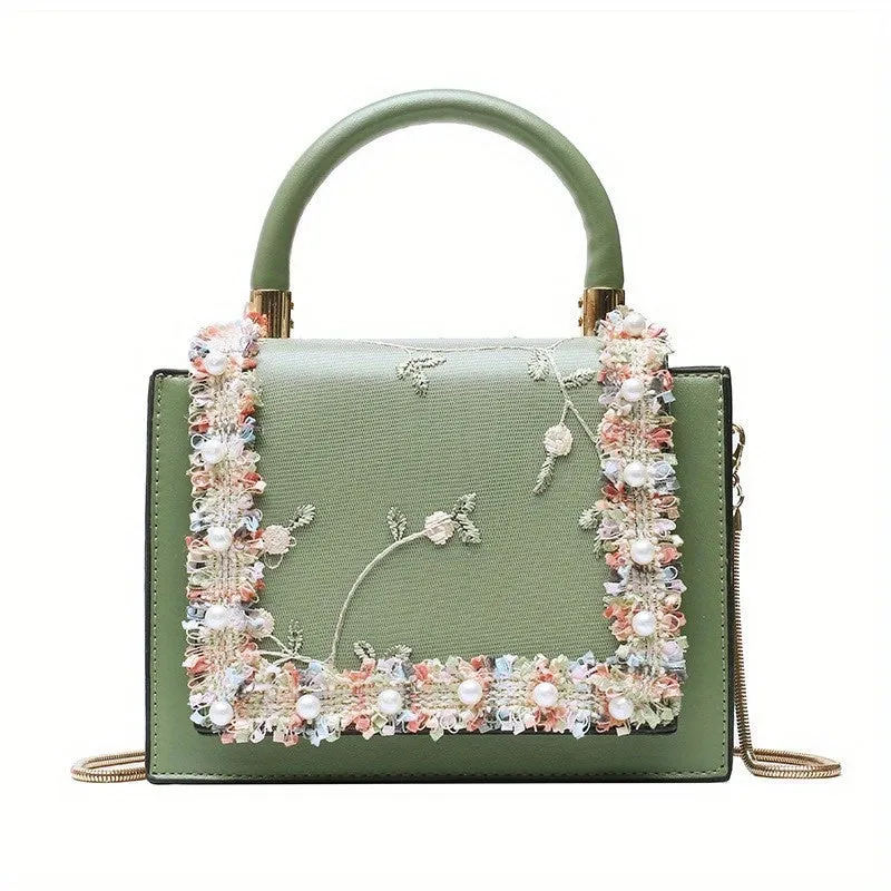 realaiot  Floral Embroidery Handbags For Women, Faux Pearl Decor Crossbody Bag, Fashion Sweet Flap Square Purses