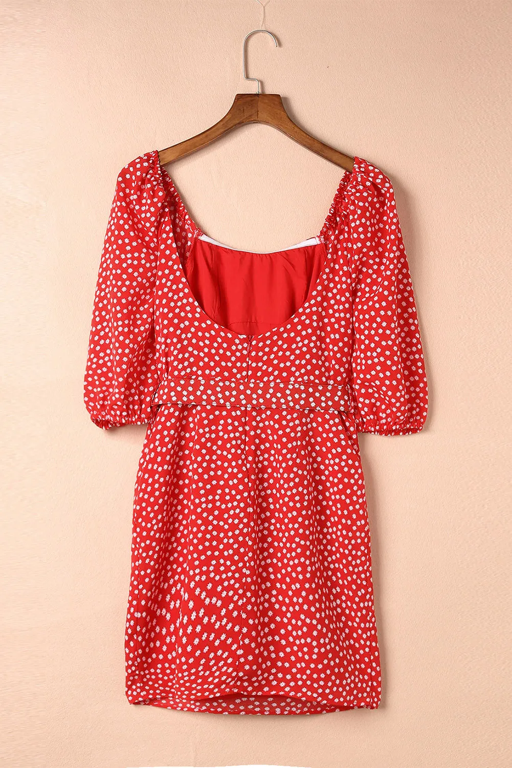 Red Daisy Print Square Neck Puff Sleeve Mini Dress