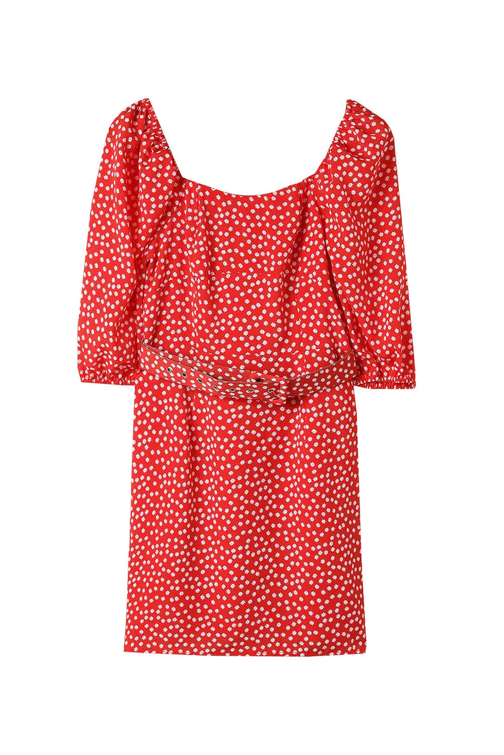 Red Daisy Print Square Neck Puff Sleeve Mini Dress
