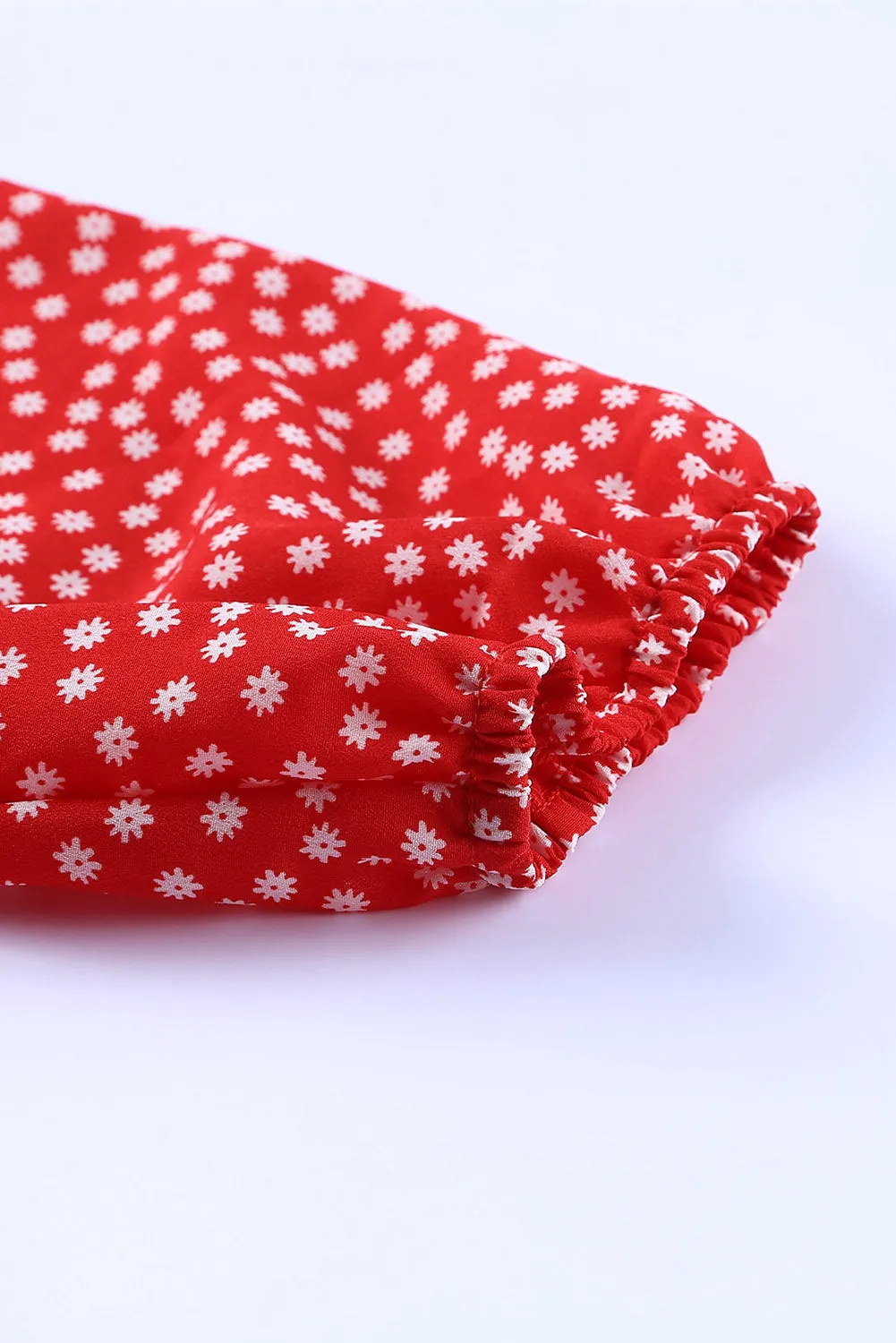 Red Daisy Print Square Neck Puff Sleeve Mini Dress