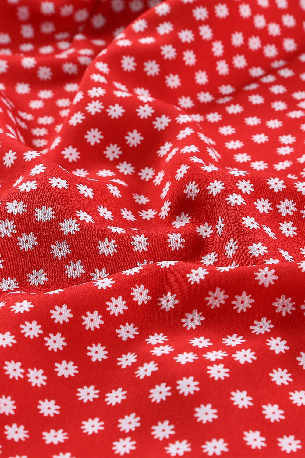 Red Daisy Print Square Neck Puff Sleeve Mini Dress