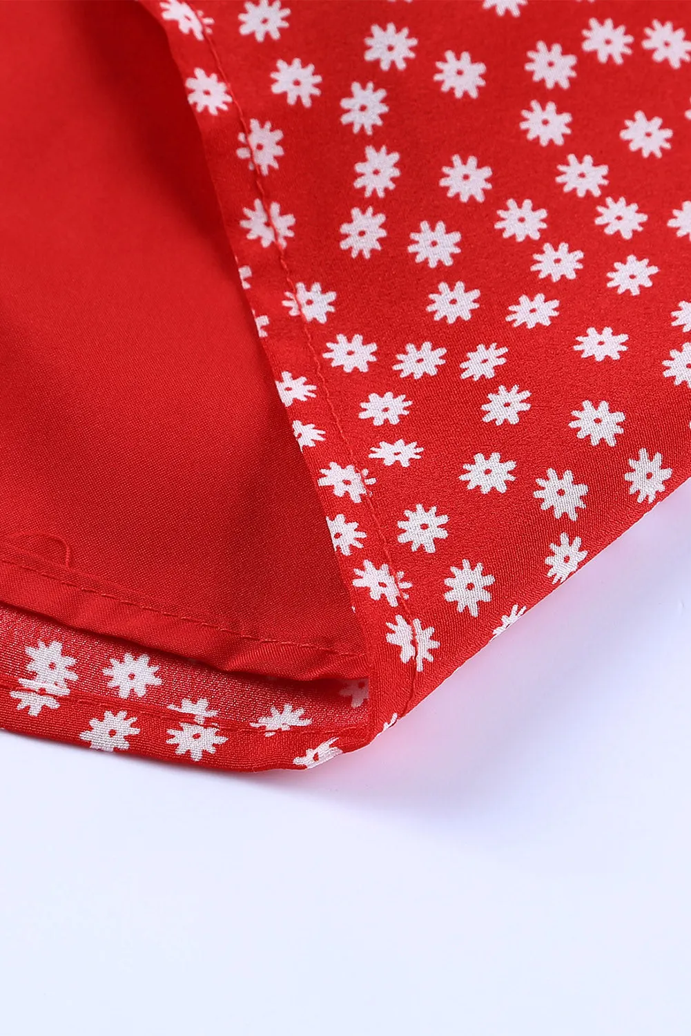 Red Daisy Print Square Neck Puff Sleeve Mini Dress