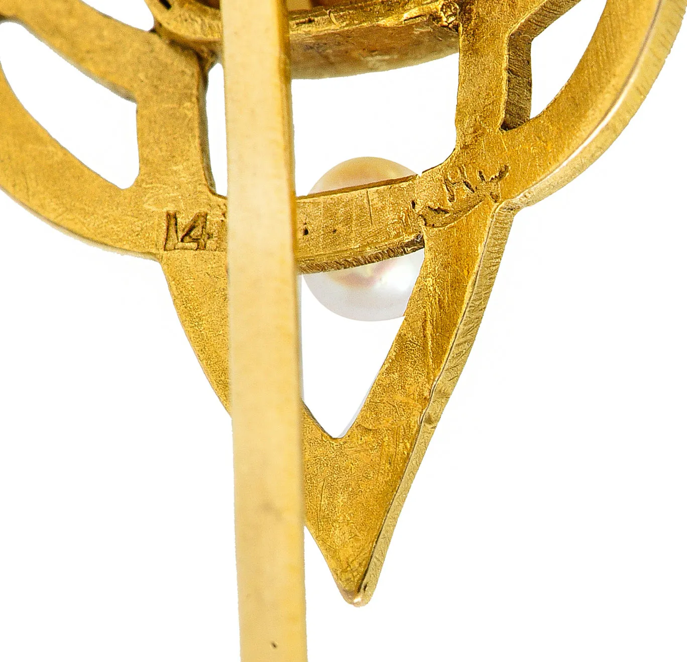 Riker Bros. Art Nouveau 1.73 CTW Cushion Cut Heliodor Pearl 14 Karat Yellow Gold Whiplash Shield Antique Stickpin
