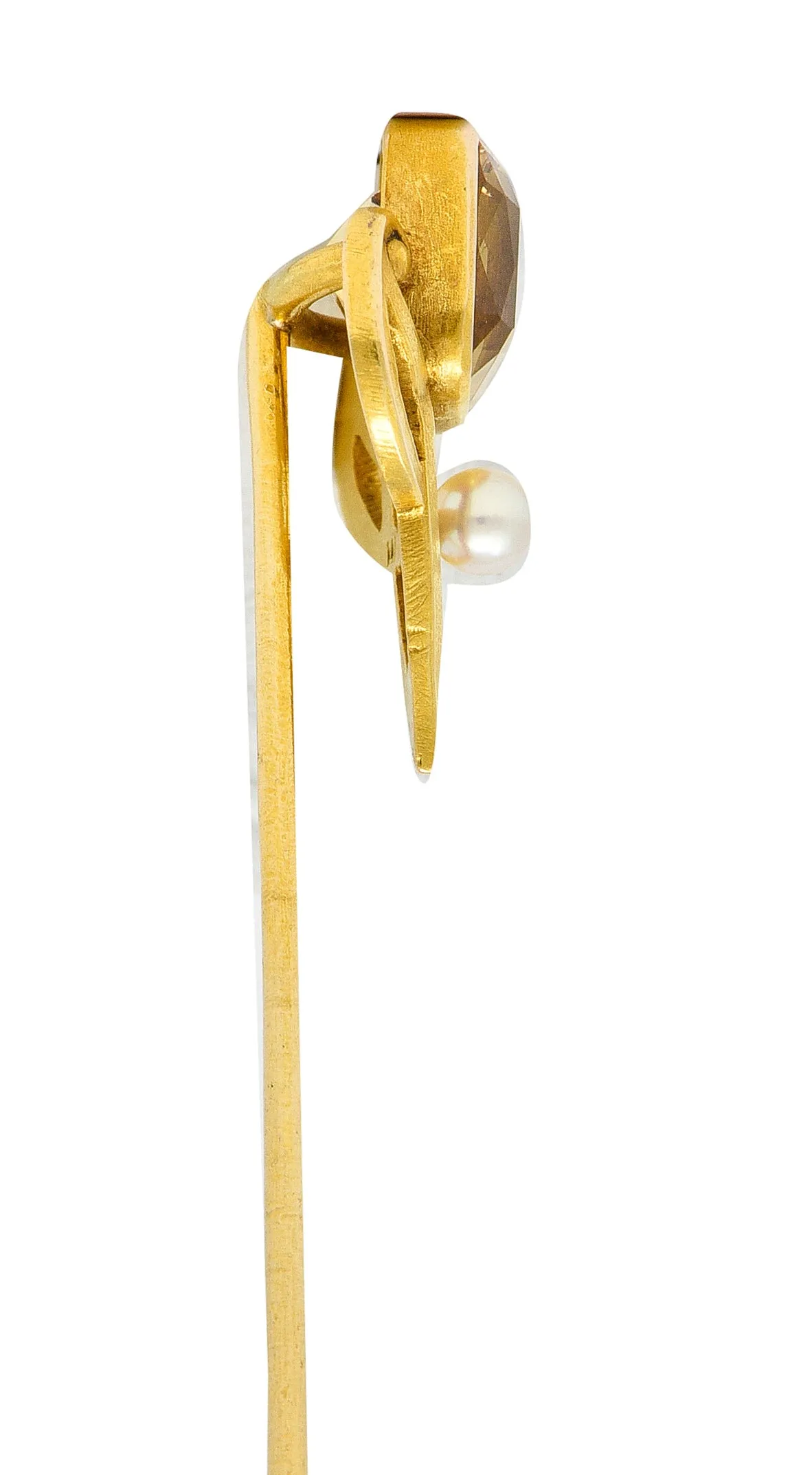 Riker Bros. Art Nouveau 1.73 CTW Cushion Cut Heliodor Pearl 14 Karat Yellow Gold Whiplash Shield Antique Stickpin