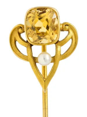 Riker Bros. Art Nouveau 1.73 CTW Cushion Cut Heliodor Pearl 14 Karat Yellow Gold Whiplash Shield Antique Stickpin