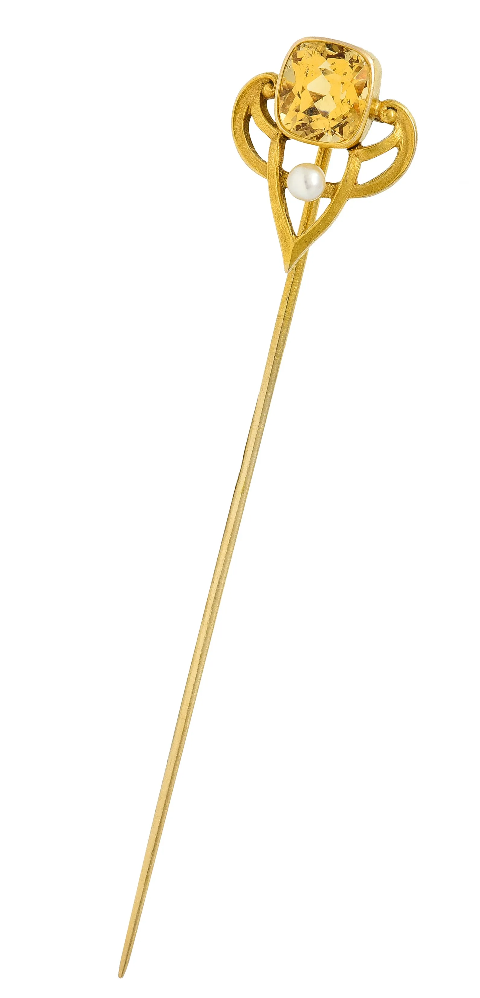 Riker Bros. Art Nouveau 1.73 CTW Cushion Cut Heliodor Pearl 14 Karat Yellow Gold Whiplash Shield Antique Stickpin