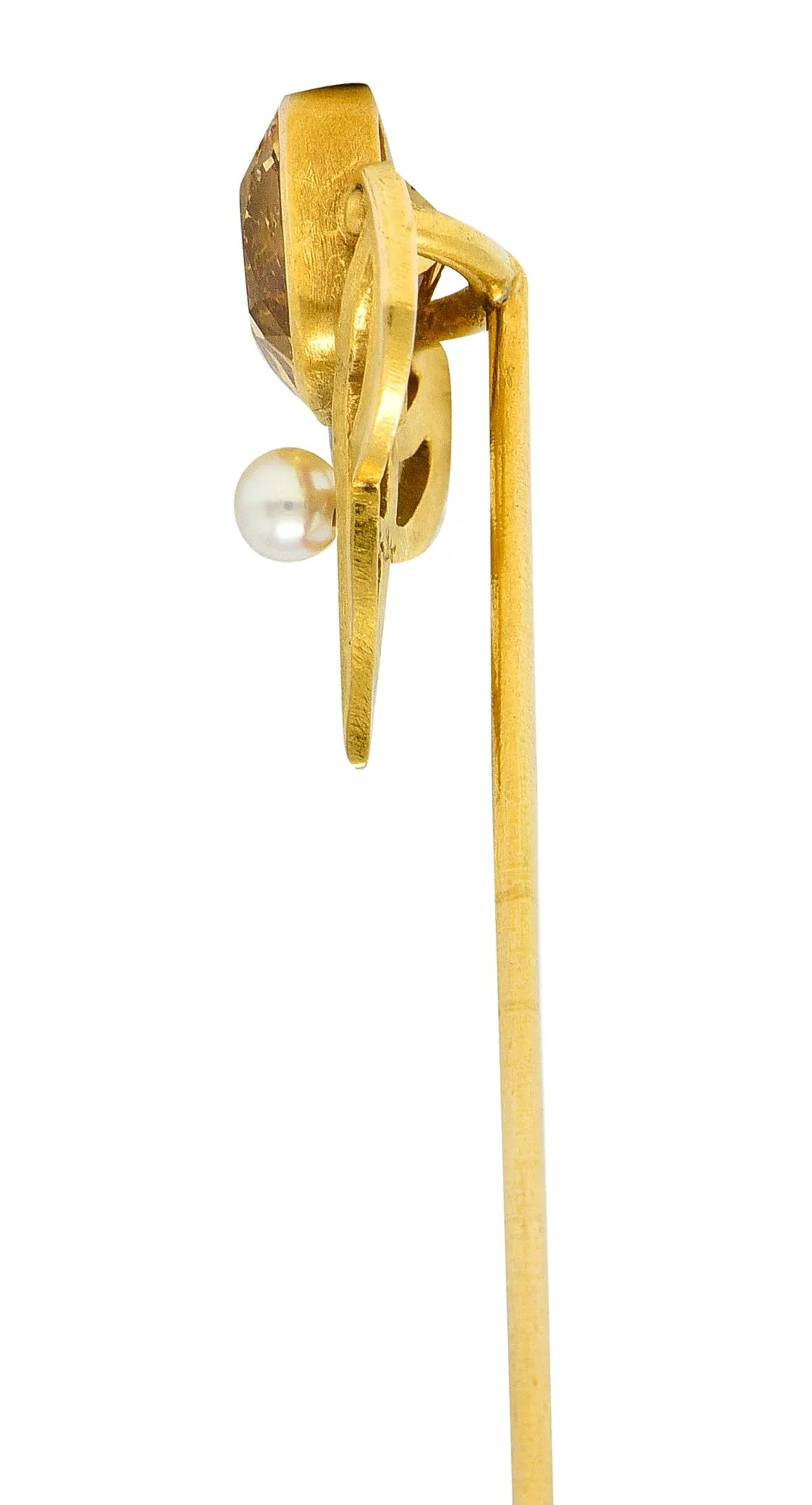 Riker Bros. Art Nouveau 1.73 CTW Cushion Cut Heliodor Pearl 14 Karat Yellow Gold Whiplash Shield Antique Stickpin