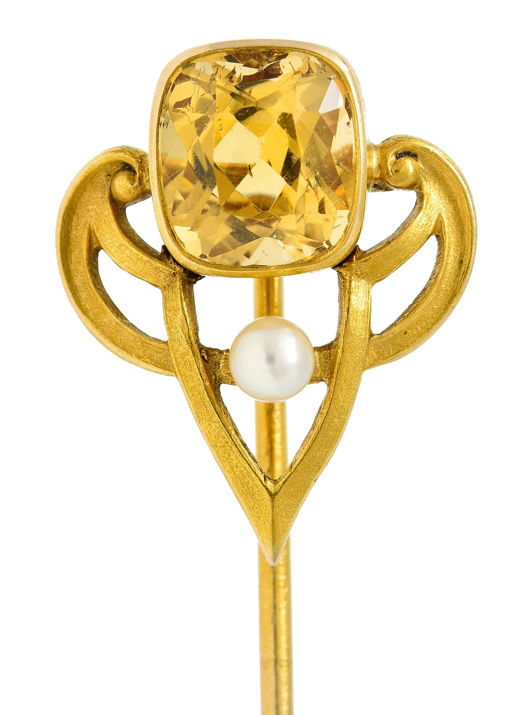 Riker Bros. Art Nouveau 1.73 CTW Cushion Cut Heliodor Pearl 14 Karat Yellow Gold Whiplash Shield Antique Stickpin
