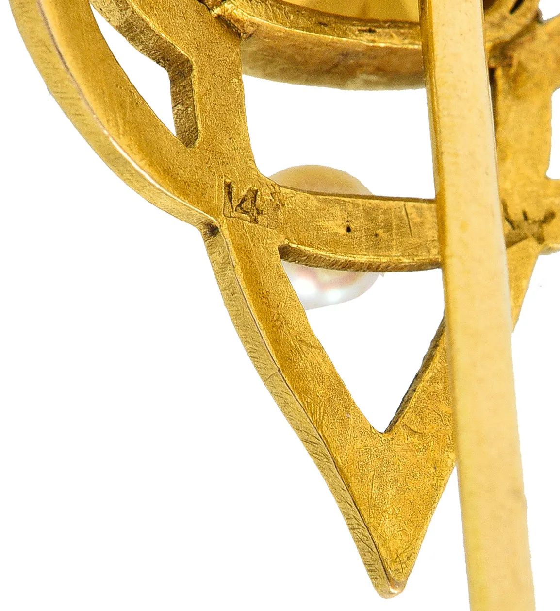 Riker Bros. Art Nouveau 1.73 CTW Cushion Cut Heliodor Pearl 14 Karat Yellow Gold Whiplash Shield Antique Stickpin
