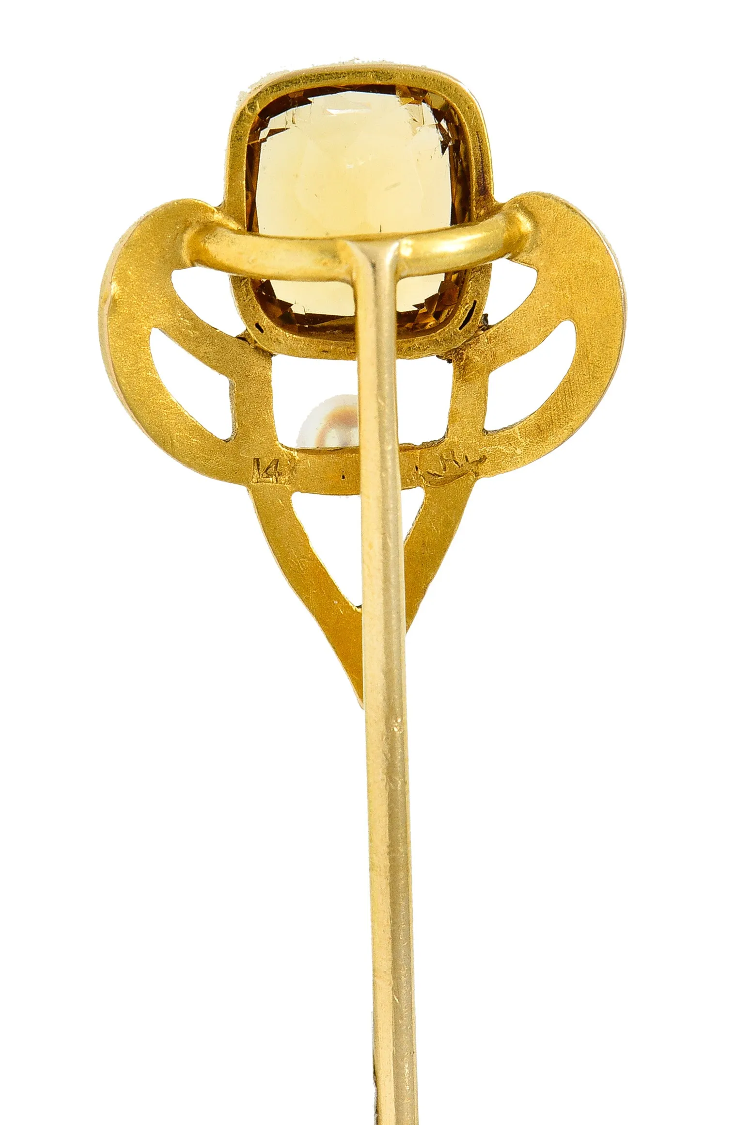 Riker Bros. Art Nouveau 1.73 CTW Cushion Cut Heliodor Pearl 14 Karat Yellow Gold Whiplash Shield Antique Stickpin
