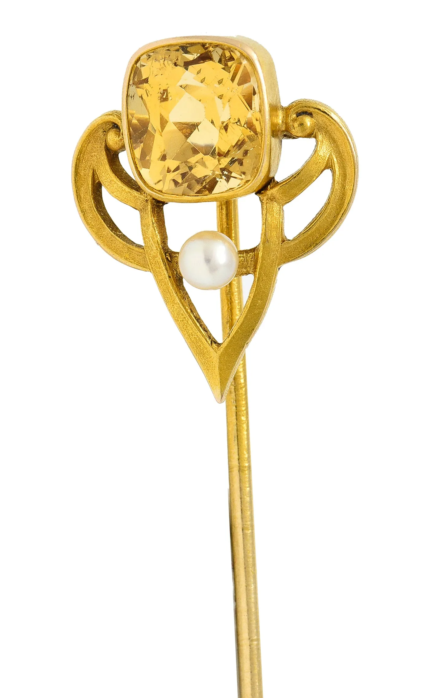 Riker Bros. Art Nouveau 1.73 CTW Cushion Cut Heliodor Pearl 14 Karat Yellow Gold Whiplash Shield Antique Stickpin