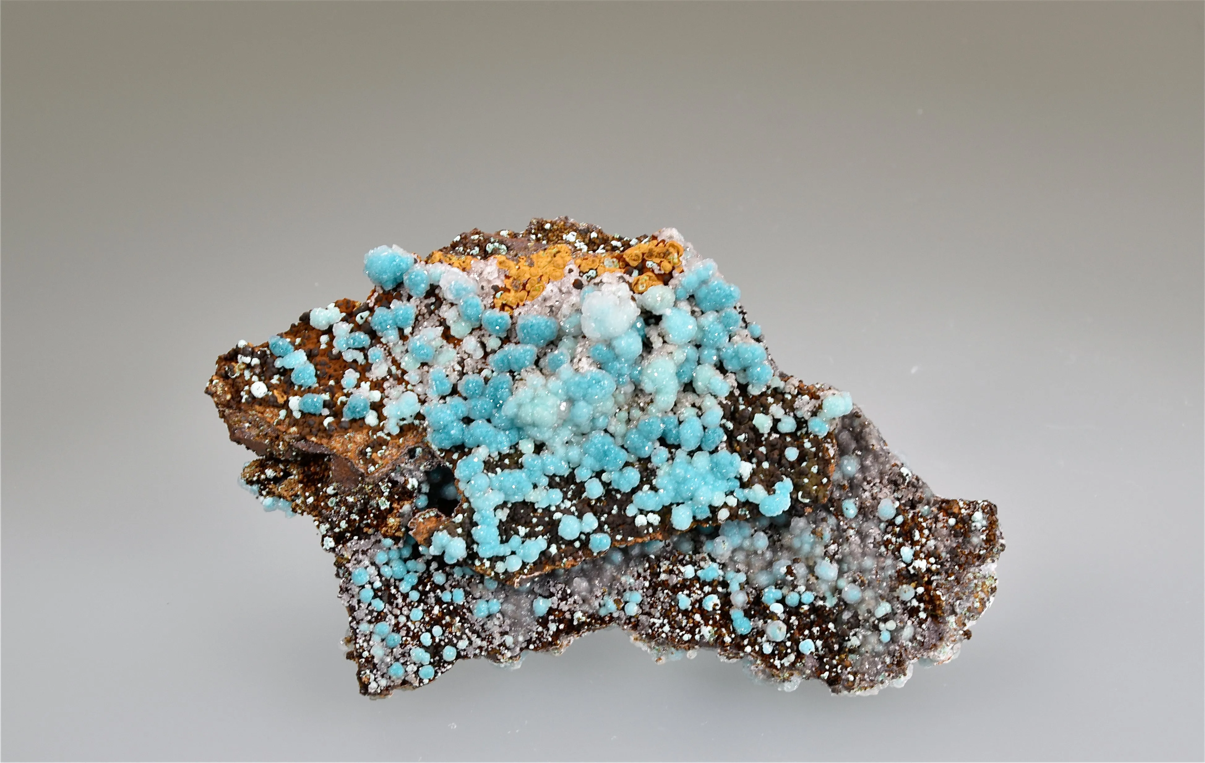 Rosasite with Calcite, Island Royale Mine, Helvetia, Arizona, Kalaskie Collection #290, Small Cabinet, 2.5  x 7.5 x 10.0 cm, $250.  Online 1/10.