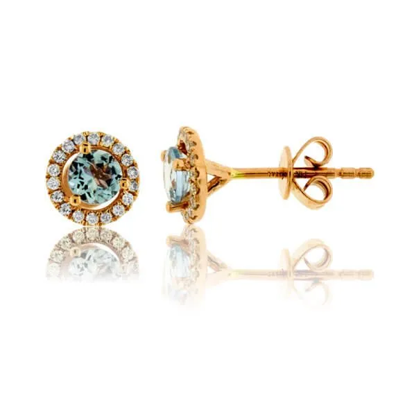 Round Aquamarine and Diamond Halo Stud Earrings